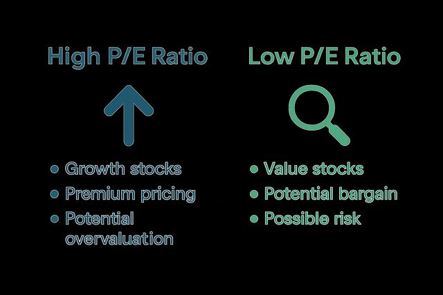 A simple diagram showing the P/E ratio formula: Market Price per Share divided by Earnings per Share.
