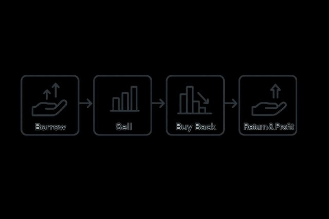 A flowchart illustrating the 5 steps of short selling: Borrow, Sell, Wait, Buy Back, and Return & Profit