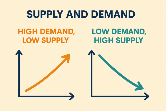 A simple seesaw with 'Buyers (Demand)' on one end going up and 'Sellers (Supply)' on the other end going down, with 'Stock Price' as the fulcrum.